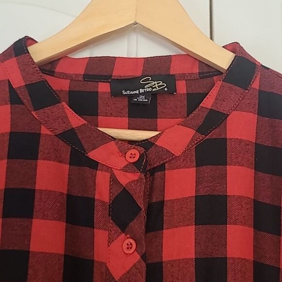 Suzanne Betro Plus Buffalo Plaid Red Bkack Babydoll Dress Long Sleeve Size 2X - Picture 5 of 13